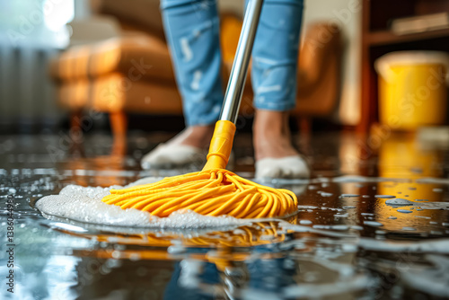 Woman is cleaning a floor with a yellow mop