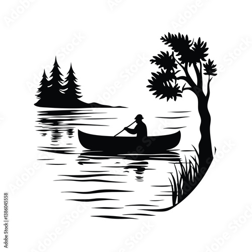 Silhouette of Paddler in Canoe on Lake Surrounded by Forest and Tall Grass Round