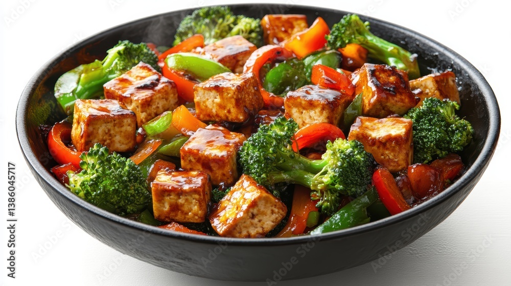 A high-angle view of a vegetable stir-fry with tofu, bell peppers, and broccoli in a wok, on a white background A high-angle view of a vegetable stir-fry with tofu, bell peppers, and broccoli in a wok, on a white background