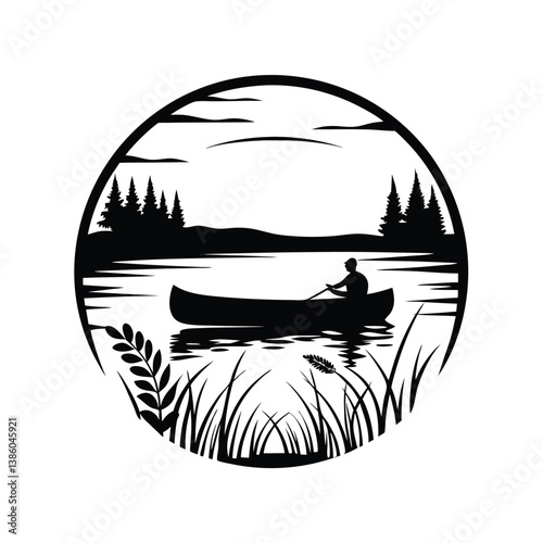 Silhouette of Paddler in Canoe on Lake Surrounded by Forest and Tall Grass Round