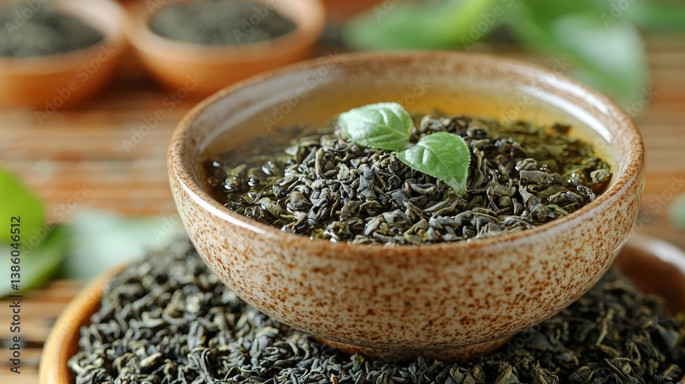 A bowl filled with green tea sitting on top of a wooden table A bowl filled with green tea sitting on top of a wooden table