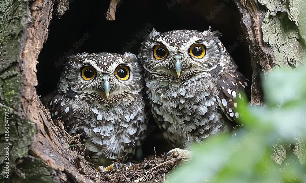 Two spotted owls perched together in a tree hollow, surrounded by lush greenery Two spotted owls perched together in a tree hollow, surrounded by lush greenery