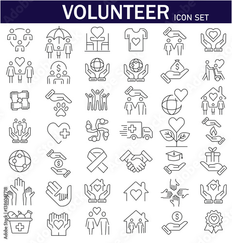Volunteer icons Set. Volunteering, Donations, Humanitarian Aid, Peace-Keeping Missions Symbols Contour Illustrations .Editable stroke. Vector illustration. EPS 10.