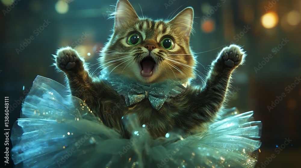 A surprised tabby cat is wearing a sparkly tutu dress