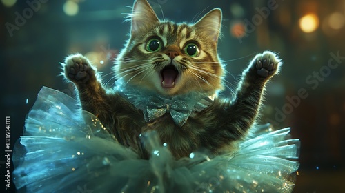 Obraz na płótnie A surprised tabby cat is wearing a sparkly tutu dress w salonie