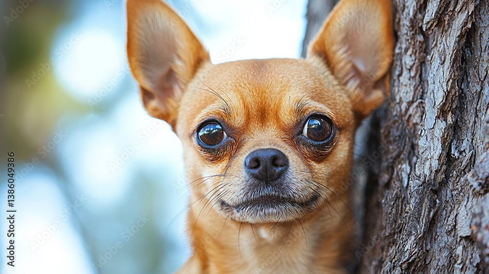 A small brown dog peeking out from behind a tree A small brown dog peeking out from behind a tree
