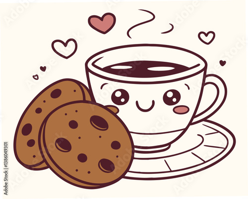 Cute kawaii doodle of a cheerful cup of tea with cookies  