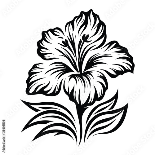Elegant Monochrome Flower Design with Detailed Leaves