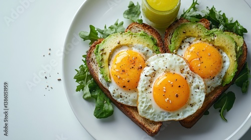 A bird is eye view of a stylish brunch setup with avocado toast, eggs benedict, and a fresh juice, on a white plate, on a white background