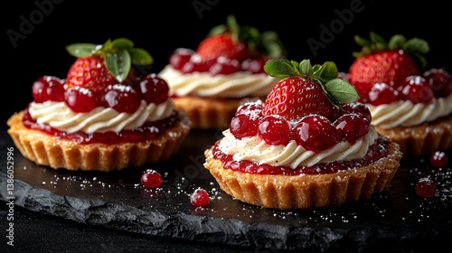 A close up of three strawberry tarts on a black plate