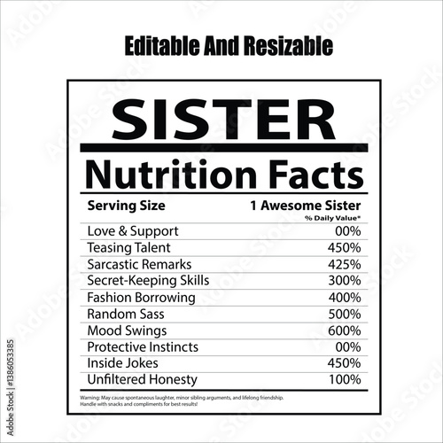 Sister Nutrition Facts, Nutrition Facts, Editable and Resizable , family facts