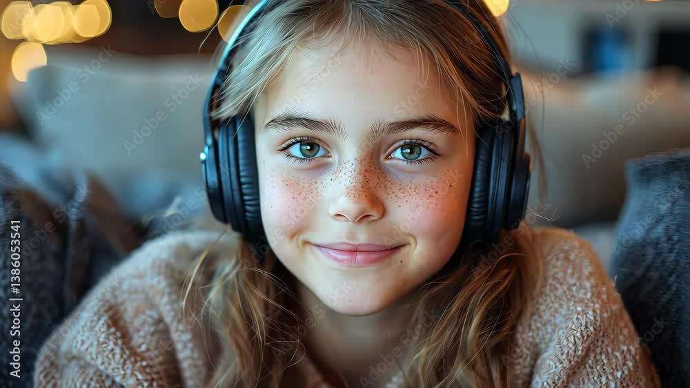 A girl sits comfortably indoors in the evening, fully immersed in her favorite music as she wears her headphones, soaking in the cozy ambiance