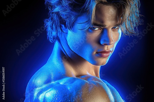 Muscular man, intense gaze, vibrant blue light, studio portrait, possible use for fitness, body building or fashion advertising photo