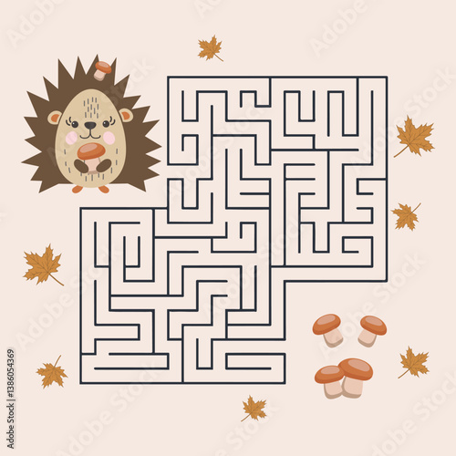 Educational maze for kids, cute hedgehog, mushrooms and autumn leaves. Illustration