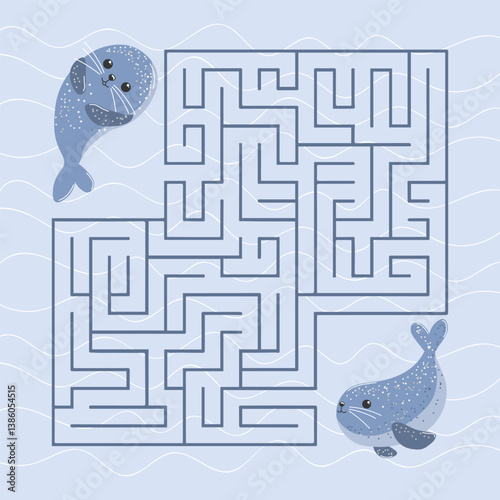 Educational maze for kids, cute whales in the sea. Illustration.
