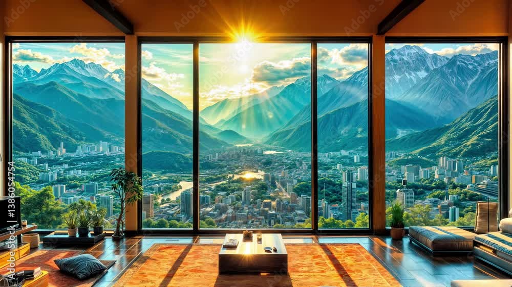 Luxury penthouse interior with panoramic windows overlooking digital composite cityscape and mountain landscape at sunset. Modern minimalist living room with wooden floors, elegant furniture
