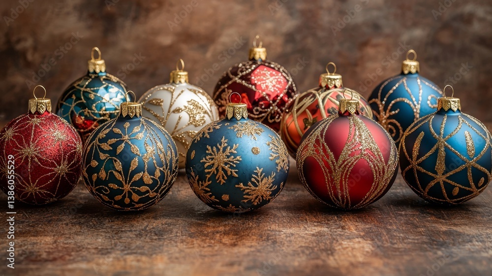 A group of christmas ornaments sitting on top of a wooden table A group of christmas ornaments sitting on top of a wooden table
