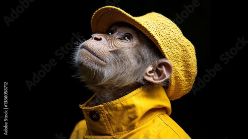 A monkey wearing a yellow hat and jacket