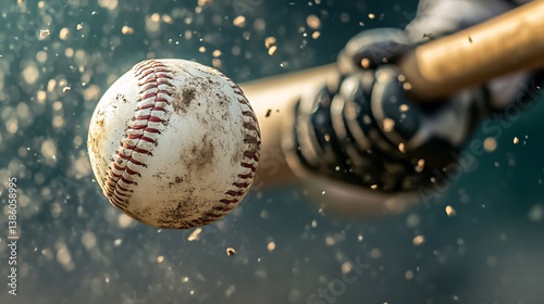Baseball player swings a bat at a ball, kicking up a cloud of dirt