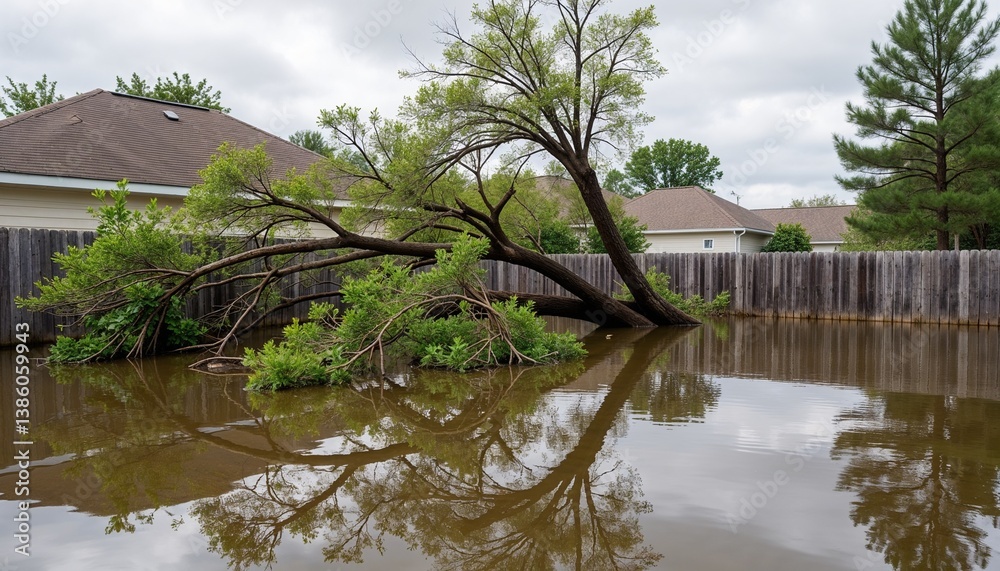 Flooded backyard with a leaning tree against a cloudy sky Flooded backyard with a leaning tree against a cloudy sky