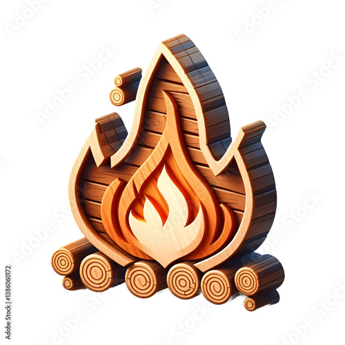 Fire 3d icon with wooden texture isolated on white background
