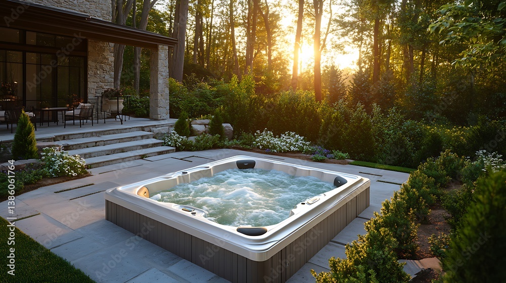 A tranquil outdoor jacuzzi surrounded by lush greenery and forest
