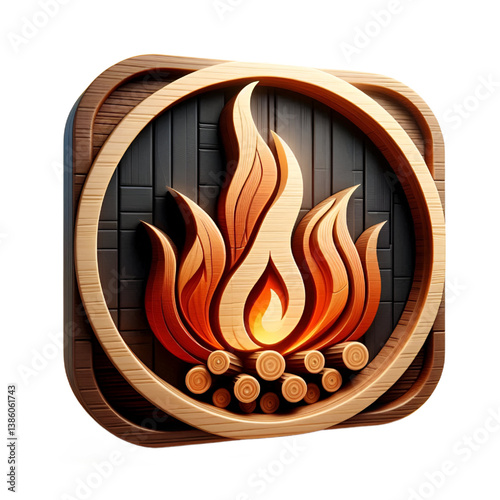 Fire 3d icon with wooden texture isolated on white background