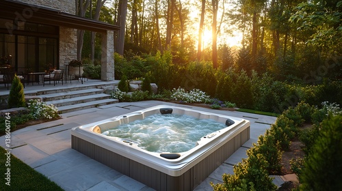 Obraz na płótnie A tranquil outdoor jacuzzi surrounded by lush greenery and forest w salonie