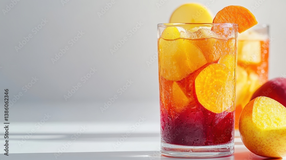 Fototapeta premium A high-angle shot of a colorful fruit and vegetable juice with beetroot, carrot, and apple slices, served in a clear glass, on a white background