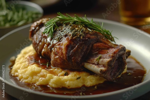 Tender braised lamb shank served atop creamy polenta with rosemary jus photo