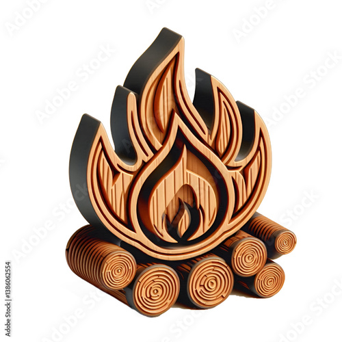 Fire 3d icon with wooden texture isolated on white background