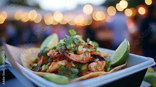 Delicious shrimp taco topped with fresh cilantro and lime wedges, set against a backdrop of vibrant lights at an outdoor food festival
