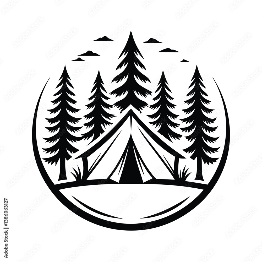 Obraz premium Minimalist Tent Amidst Pine Trees in Circular Design 