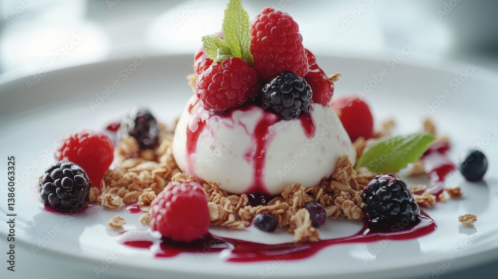 A high-angle view of a healthy breakfast spread with mixed berries, granola, and yogurt, on a white plate, on a white background A high-angle view of a healthy breakfast spread with mixed berries, granola, and yogurt, on a white plate, on a white background