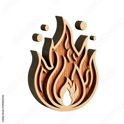 Fire 3d icon with wooden texture isolated on white background