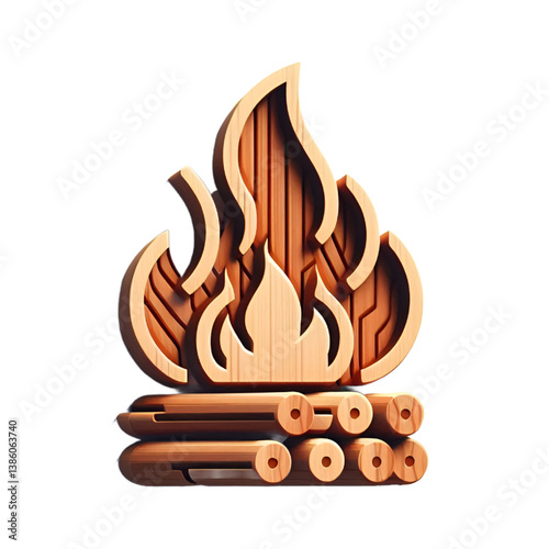 Fire 3d icon with wooden texture isolated on white background