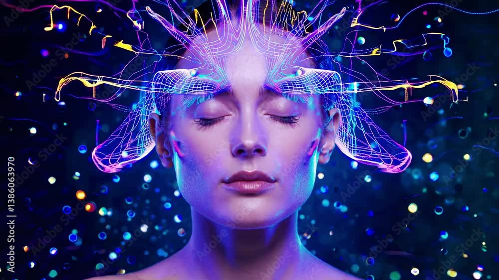Energy visualization shows colorful waves emanating from a woman's head with closed eyes, suggesting meditation, mindfulness, or psychic abilities