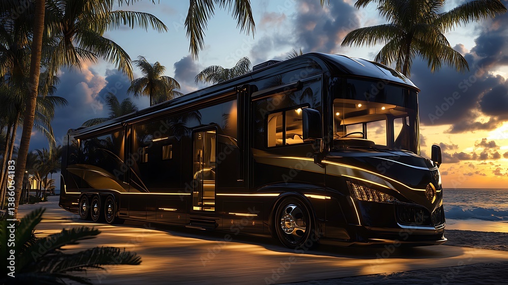 A luxurious black recreational vehicle parked at a tropical beach