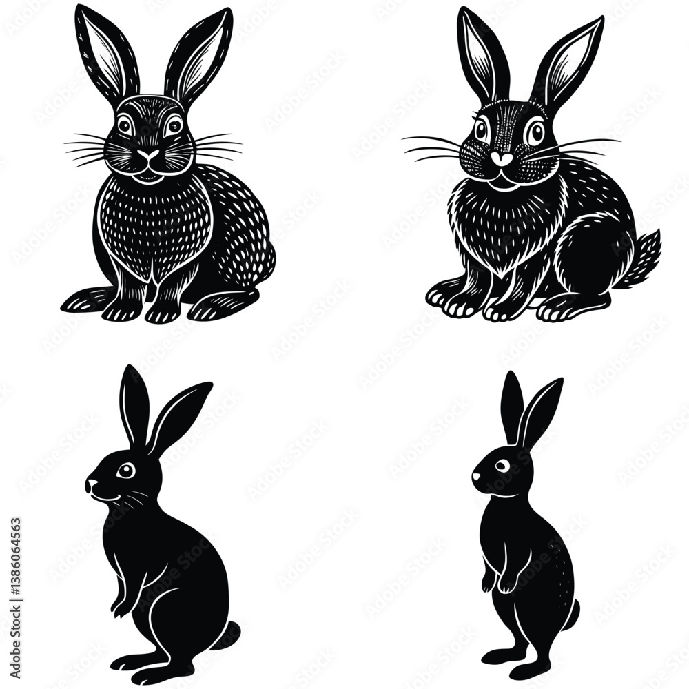 Fototapeta premium set of rabbits silhouettes, rabbit and heart, bunny and heart