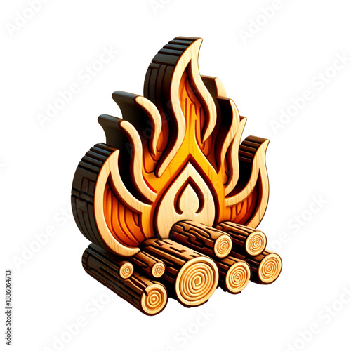 Fire 3d icon with wooden texture isolated on white background