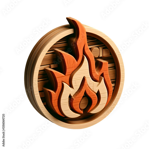 Fire 3d icon with wooden texture isolated on white background