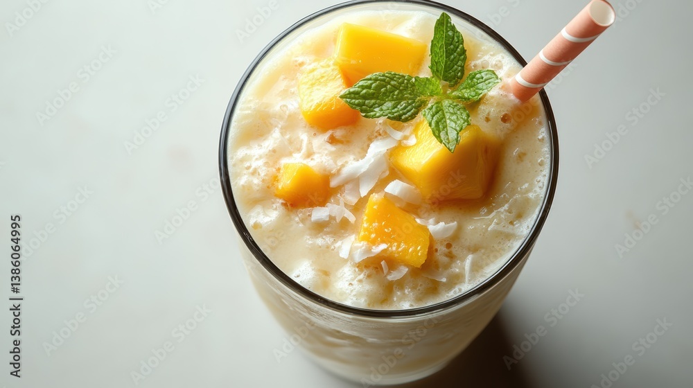 A top-down view of a tropical fruit smoothie with coconut, pineapple, and mango, served in a glass with a paper straw, on a white background A top-down view of a tropical fruit smoothie with coconut, pineapple, and mango, served in a glass with a paper straw, on a white background