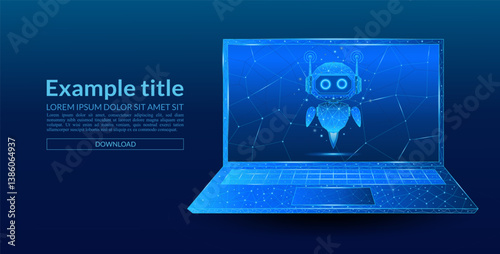 AI chatbot on a digital laptop screen. Technological innovation background. Blue polygonal futuristic robot assistant