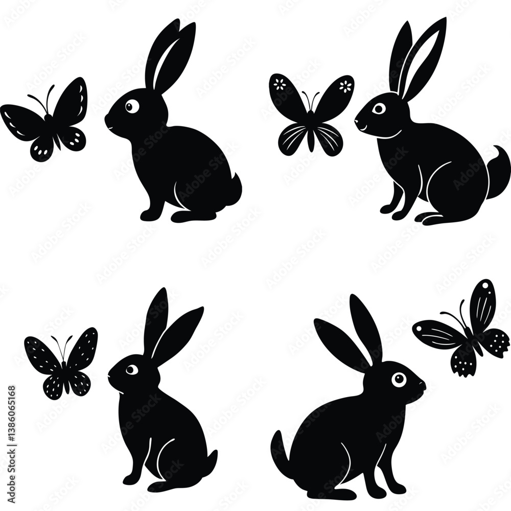 Obraz premium Vector set of cute rabbit silhouettes for Easter and spring illustrations