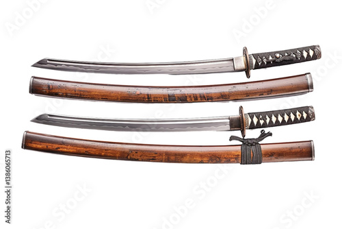 Exquisite wakizashi alongside a matching katana set isolated on transparent background