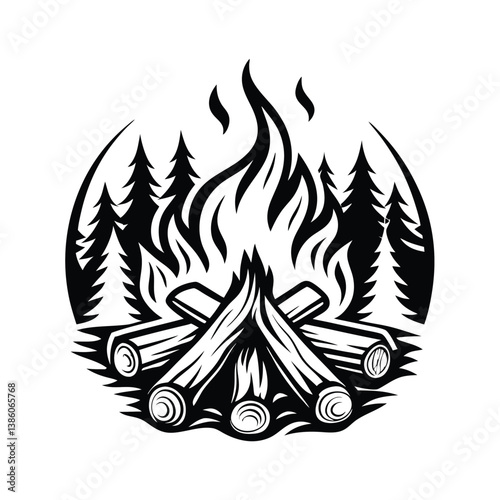 Black Campfire with Log Pile, Flames and Trees 