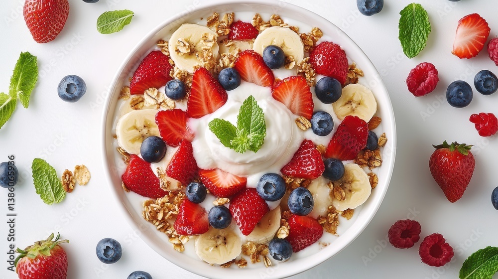 A top-down view of a fresh fruit salad with bananas, strawberries, and blueberries, topped with yogurt and granola, on a white background A top-down view of a fresh fruit salad with bananas, strawberries, and blueberries, topped with yogurt and granola, on a white background