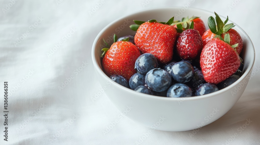 A bird is eye view of a bowl of homemade fruit jam with strawberries and blueberries, on a white tablecloth, on a white background A bird is eye view of a bowl of homemade fruit jam with strawberries and blueberries, on a white tablecloth, on a white background