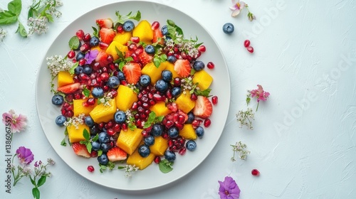 A bird is eye view of a fresh fruit salad with pomegranate, mango, and blueberries, on a white plate, on a white background
