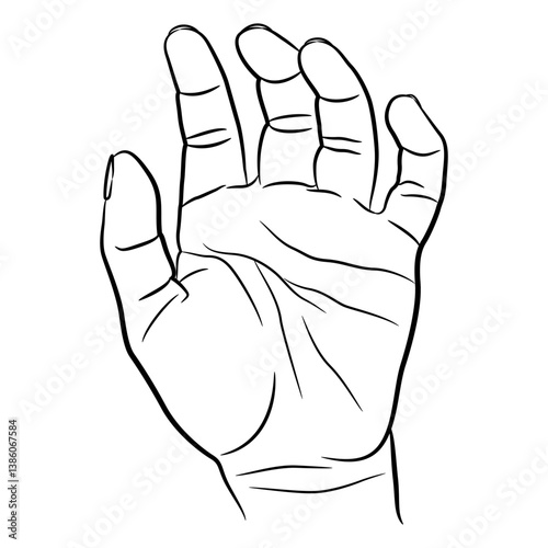 Raised up human hand with open palm in greeting or help gesture. Cartoon style. Black and white linear silhouette. Isolated vector illustration.